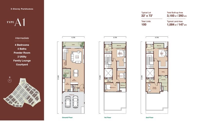 Floor plan of Zenia Parkhome Type A1, ground, first and second floors