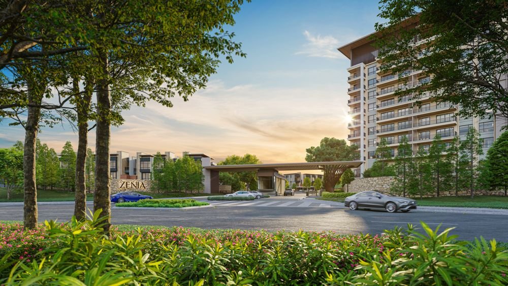 Zenia main entrance with the guardhouse canopy, Parkhomes and a Condovilla block